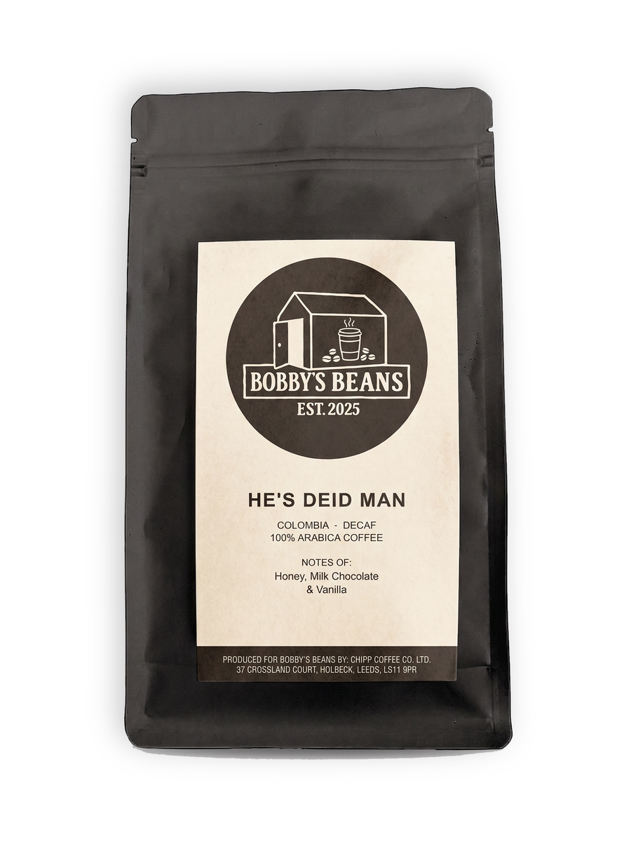 He's Deid Man decaf coffee bag